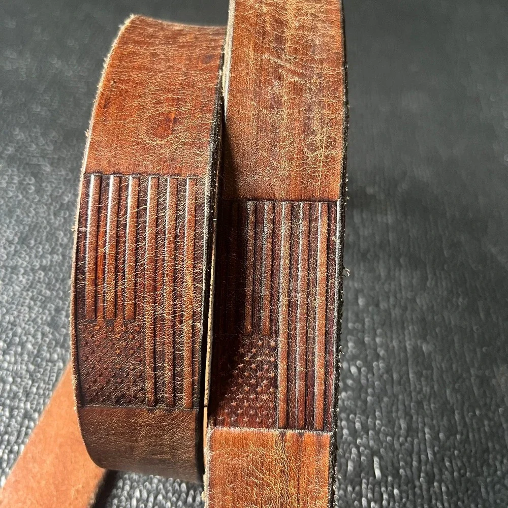 Brown Distressed Genuine Leather Belt American Flag Embossed Made‎ in USA 38